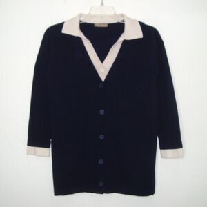 Dazy-Less Women's Wool Blend 2 In 1 Navy Cream Color Block Cardigan